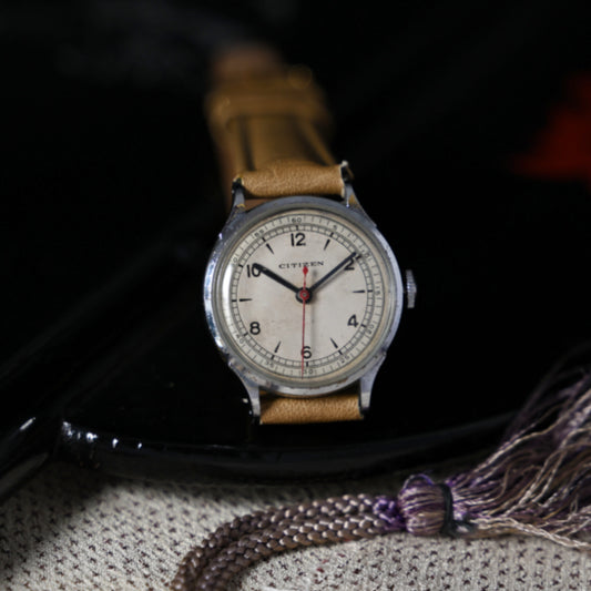 シチズン時計株式会社　A中三針 　レイルウェイ　青焼針　赤秒針　Citizen Watch Co., Ltd. A-3 Hands Railway Blue Plated Hands Red Second Hand